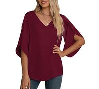 Yommay Chemisier élégant pour femme - Col en V - T-shirt d'été décontracté - En mousseline de soie - Tunique à manches courtes, rouge bordeaux, XXL