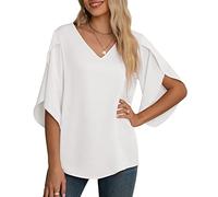 Yommay Chemisier en mousseline pour femme, élégant, décontracté, ample, manches 3/4 avec volants, col en V, chemisier d'été, blanc, XL