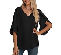 Yommay Chemisier en mousseline pour femme, hauts élégants décontractés à manches 3/4 froncées fendues à col en V, chemisier d'été T-shirts, Noir , 3XL