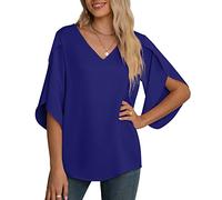 Yommay Chemisier en mousseline pour femme, hauts élégants et décontractés à manches 3/4 froncées et col en V, chemisier d’été à manches fendues T-shirts, bleu marine, XXL
