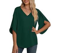 Yommay Chemisier en mousseline pour femme, hauts élégants et décontractés à manches 3/4 froncées et col en V, chemisier dété pour dames, vert foncé, M
