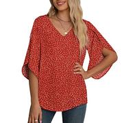 Yommay Chemisier en mousseline pour femme, hauts élégants et décontractés à manches 3/4 froncées et col en V, chemisier d’été à manches fendues, S