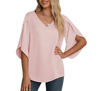 Yommay Chemisier en mousseline pour femme, hauts élégants et décontractés à manches 3/4 froncées fendues à col en V pour l'été, t-shirts, rose, M