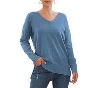 Yommay Pull pour femme avec col en V, poids léger, manches longues, élégant en tricot, chaud et tendance, pour l'hiver, Hc bleu, M