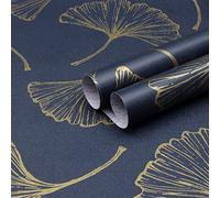 Yomshi Papier peint à coller et décoller 44 cm x 3 m Feuille de Ginkgo dorée Feuille d'or bleu foncé Papier adhésif imperméable Papier autocollant en feuille d'or Papier peint amovible en vinyle pour