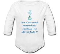 YONACREA - Body Bébé Manches Longues - Vous m'avez attendu pendant 9 mois maintenant vous allez m'entendre !! - Bleu - Humour - 3 Mois