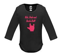 YONACREA - Body Noir Bébé Manches Longues - Bibi, Dodo and Rock'n'Roll - Main Rock - 6 Mois - Rose