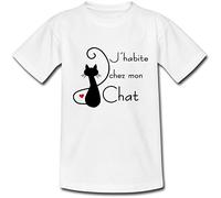 YONACREA - T-Shirt Adulte - J'habite chez Mon Chat - L - Blanc