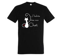 YONACREA - T-Shirt Adulte - J'habite chez Mon Chat - L - Noir