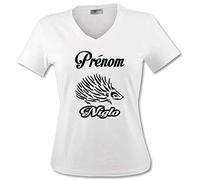 YONACREA T-Shirt Femme Col V Blanc Niglo Hérisson - Personnalisable avec Votre Prénom - S - Noir