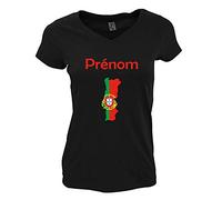 YONACREA T-Shirt Femme Col V Noir Carte Portugal avec Son Drapeau - Personnalisable avec Le prénom de Votre Choix - L