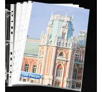 Yonality 100 pièces pochette plastique transparente, pochettes plastiques a4 amovibles perforation, organisation de documents, 11 trou pour 2/3/4 anneaux, pour la protection de papier, actes