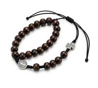 YONARROS Chapelet catholique en bois pour homme - Perles de prière religieuses - Médailles de Saint Benoît - Bracelets en croix, One Size, Métal, Pas de pierre précieuse