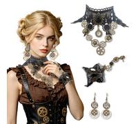 YoneJave 4 Pièces Accessoires Steampunk, Bijoux Gothiques Noirs avec Dentelle et Rouages, Collier Ras du Cou Gothique Dentelle avec à Rouages et Bracelet Steampunk Dentelles pour Fête