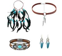 YoneJave 5 Pièces Ensemble de Décorations Indiens, Bleu Marron Style Bohème Hippie avec Plumes Synthétiques, Colliers et Bracelets en Cuir Artificiel pour Carnaval