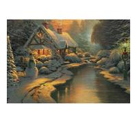 YongFoto 1,5x1m Noël Toile de Fond Scène Hiver Xmas Tree Cottage River Snowfield Snowman Forest Colorful Fairy Photo Arrière-Plan pour Xmas Eve Party Festival Famille Photographie Fournitures