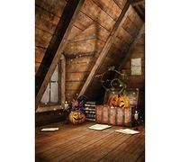 YongFoto 1x1,5m Halloween Toile de Fond Vieux Minable Maison en Bois La Photographie Citrouille Valise La fen阾re Affiches Contexte des Bonbons ou Un Sort Halloween Photo D閏oration Portrait