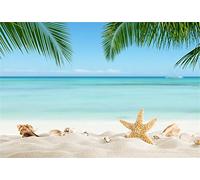 YongFoto 2,2x1,5m Polyester Toile de Fond Plage de Sable Coquillages étoiles de mer Feuilles De Palmier De Noix De Coco Mer Calme Fond de Studio Photo Anniversaire Mariage Photo Photographie Fond