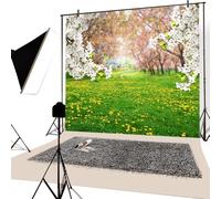 YongFoto 2x2m Vinyle Toile de Fond Printemps Paysage l'herbe Verte Arbre Fleur Blanche Prairie Marguerite èn?Nature Fond Décors Studio Photo Portrait Enfant Video Fete Mariage Photographie Accesorios
