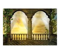 YongFoto 3,5x2,5m Toile de Fond Fairytale Dreamy Gothique Arc Porte Rideau Blanc Fleurs FRA?hes Fleurs Feuilles Vertes Vigne Piliers Vintage Fond Décors Studio Photo Portrait Fete Photographie