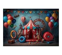YongFoto 3x2m Cirque Photographie Toile de Fond Tente Rouge Drapeau Triangulaire Ballon Scène Vintage Vinyle de Fond Photo pour Les Enfants Carnival Night Birthday Photoshoot Studio Props