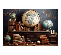 YongFoto 4,5x3m École Fond de Photographie Globe Horloges Vintage Bois Bibliothèque Livres Photo Mur Scolarisation pour Enfants Salle de Classe Retour à l’école Toile de Fond de séance Photo