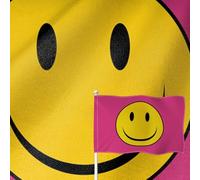 YongFoto Drapeau Happy Face - 0,9 x 1,5 m - Double face - En toile de jute - Motif smiley - Rose - Coutures vives - Couleurs vives - Résistant aux UV - Résistant aux intempéries - Pour jardin, cour