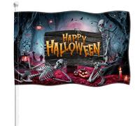 YongFoto Drapeau Happy Halloween - 0,9 x 1,5 m - Double face - En toile de jute - Tête de mort - Squelette - Feuilles tombées rouges - Bougie effrayante - Quatre côtés cousus - Couleurs vives