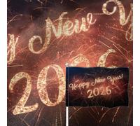 YongFoto Drapeau « Happy New Year 2026 » en toile de jute double face à paillettes - Noir - Quatre côtés cousus - Couleurs vives - Durable - Résistant aux UV et à la décoloration - Résistant aux