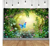 YongFoto Toile de fond de forêt printanière de 6 x 3 m - Jardin enchanté - Fleurs roses - Feuilles - Conte de fées - Pays des merveilles - Papillon - Forêt brumeuse - Jungle - Fond photo pour fête