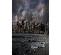 YongFoto Toile de fond The End World de 0,9 x 1,5 m, météorite frappe la terre détruite, bâtiment de ville détruite, ruines de rivière, arrière-plan pour photographie, fond de catastrophe, décoration