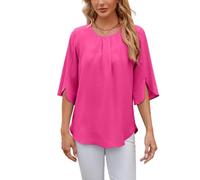 YONGHONGKEJI Blouses D'Été pour Femmes Tuniques À Volants Manches 3/4 Col en V Coupe Ample et Fluide en Mousseline Blouse Décontractée Élégante et Habillée pour Le Bureau Rose Barbie Taille XXL