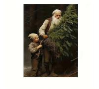 YONGKUIQMK Tableau vintage sur toile représentant le Père Noël et des enfants, décoration murale rustique de Noël avec un sapin.(40x60cmNo frame)