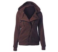 Yonglan Femme Oblique Zippé Sweats À Capuche Couleur Unie Casual Veste Manteau Blouson Hoodie Tops Café XL