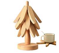 Yongmcxhhj Ensemble De Dessous De Plat Pliable en Forme d'arbre, 22x10cm 4 Dessouses De Plats en Bois + 1 Support, Dessous De Plat Bois Forme Sapin, Protège-Table Décoratif pour Plats Chauds