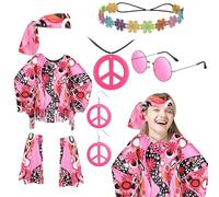 YongSral Deguisement Hippie Femme, Costume Hippie Femme avec Bracelets, Bandeaux, Boucles D'oreilles, Colliers, Lunettes de Soleil, Robe Hippie Femme, Deguisement Hippie Adulte