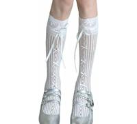 YongXinMY Chaussettes Lolita Kawaii en dentelle - Y2K Balletcore Sweet Bow Ruban Chaussettes en maille transparente Chaussettes japonaises Harajuku JK Fishnet Bas Gothique Punk High Tube Sock pour