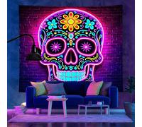 YongXinMY Tapisserie murale gothique avec tête de mort et lumière noire - Réactive aux UV - Décoration murale phosphorescente pour chambre à coucher, fête d'Halloween (#3, 150 x 130 cm)