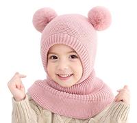 YONKOUNY Cagoule Bébé Fille Garçon Mignon Bonnet Echarpe Hiver Chaud Cache Oreilles Chapeaux Tricoté Enfant Double Pompon Cagoule Balaclava pour Ski Snowboard (Rose)
