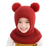 YONKOUNY Cagoule Bébé Fille Garçon Mignon Bonnet Echarpe Hiver Chaud Cache Oreilles Chapeaux Tricoté Enfant Double Pompon Cagoule Balaclava pour Ski Snowboard (Vin Rouge)