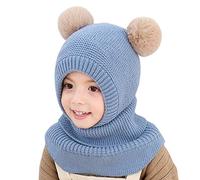YONKOUNY Cagoule Bébé Fille Garçon Mignon Bonnet Echarpe Hiver Chaud Cache Oreilles Chapeaux Tricoté Enfant Double Pompon Cagoule Balaclava pour Ski Snowboard (Bleu)