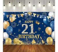 Yontree Bannière « Happy 21st Birthday » - 180 x 110 cm - Bleu et doré - Bannière « Happy Birthday » Toile de fond - Décorations de 21e anniversaire pour garçons et filles - Fournitures de fête