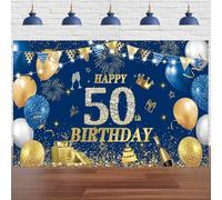 Yontree Bannière « Happy 50th Birthday » - Bleu doré - 1,8 x 1,1 m - Décoration de 50e anniversaire pour homme et femme - Fournitures de fête d'anniversaire de 50 ans