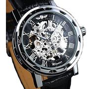 YONY Gagnant de la Mode Bracelet en Cuir Noir Squelette en Acier Inoxydable Montre mécanique pour Hommes Montre-Bracelet mécanique en Or Marque de Luxe-Argent