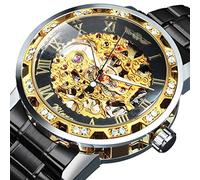 YONY Montre Mécanique Hommes Sculpture Cristal Glacé Montres Hommes Top Marque De Luxe Bracelet en Acier Unisexe Taille Horloge-Noir Or Noir