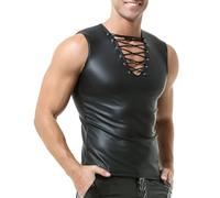 YOOBNG Gilet sans Manches en Simili-Cuir pour Hommes - Style Wet Look avec Cordon en V