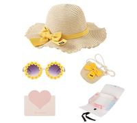 YOOCHUENG Chapeau de Paille,Petit Sac et Lunettes de Soleil Fleur pour Filles,Ensemble Enfant d'Été avec Noeud Papillon,Coffret de Vacances,Plage,Activités Outdoor et de Plein Air pour Les Filles