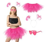 YOOCHUENG Jupes Tutu pour Femmes,Robe de Danse en Tulle à 6 Couches pour la Fête,Jupes de Danse en Tulle,Lunettes de Cœur,Bandeau Perruque,Jupe Tutu,Ensemble Rose