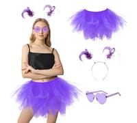 YOOCHUENG Jupes Tutu pour Femmes,Robe de Danse en Tulle à 6 Couches pour la Fête,Jupes de Danse en Tulle,Lunettes de Cœur,Bandeau Perruque,Jupe Tutu,Ensemble Violet