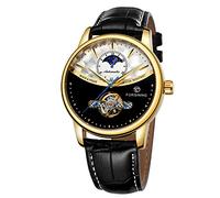 Yoodeet Montre mécanique automatique avec bracelet en cuir véritable pour homme - Cadran squelette - Complication calendrier - Doré/noir